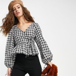 NWT TOPSHOP Textured Plaid Side Tie Peplum Blouse